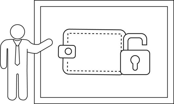 A line drawing shows a person presenting an open padlock and wallet vector