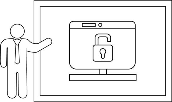 A simplified figure presents a monitor screen showing an unlocked padlock set against a framed backdrop vector