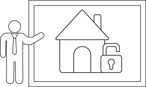 Figure gesturing to house icon with open padlock set inside a frame vector