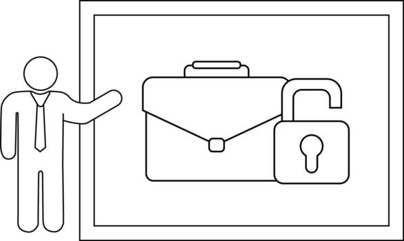 Illustration stick figure presents briefcase and open padlock within a frame vector