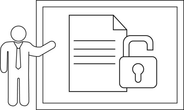 Line drawing shows person presenting unlocked file on frame securitythemed vector