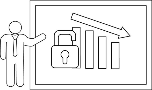 Stick figure presents chart of falling bars open padlock arrow pointing down inside border vector
