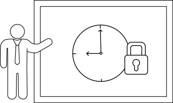 A figure gestures towards a board with a clock set to 900 next to a lock vector