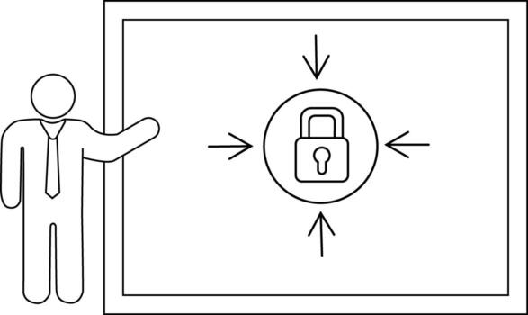 un figura señalando a un enmarcado bloquear símbolo con flechas enfatizando seguridad vector