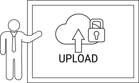 A line drawing features a presenter gesturing toward a secure upload symbolized by a cloud arrow and padlock within a frame vector