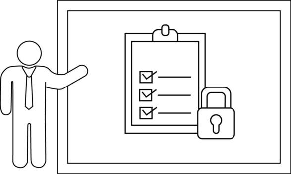 A figure stands by a board displaying a checklist with checks and a lock symbol vector