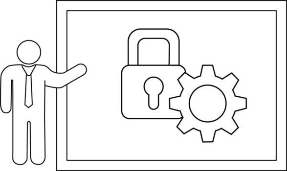 A stick figure points to a screen displaying a padlock and gear vector