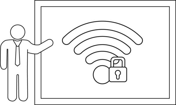 A stick figure presenting a screen with a wifi signal locked by a padlock vector