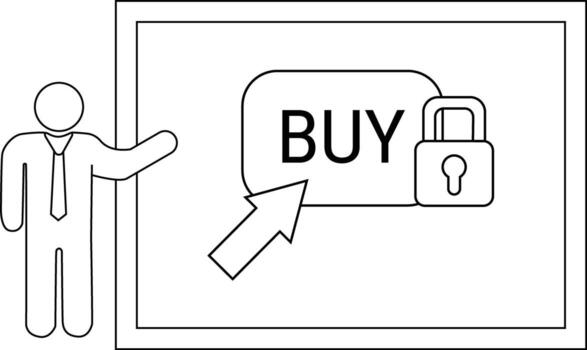 A stick figure presents a framed screen showing an arrow pointing to a BUY button next to a padlock vector
