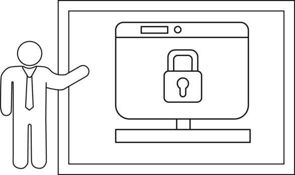 An outline drawing shows a person gesturing toward a monitor displaying a padlock vector