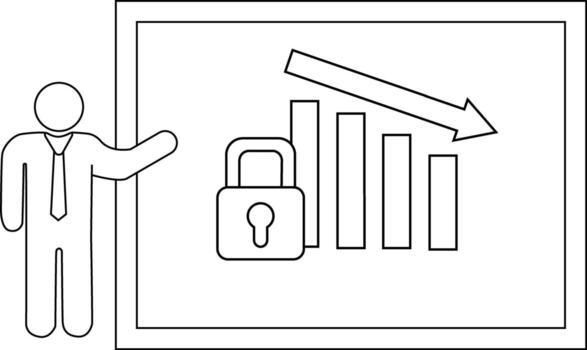 Graph shows decline security Presenter points to lock chart on framed white board vector