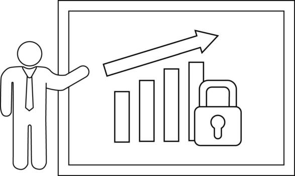Outline depicts a presenter before a chart showing financial security and growth vector