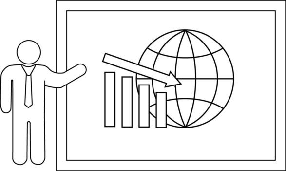 A business figure presents a slide with a graph showing a global decline vector