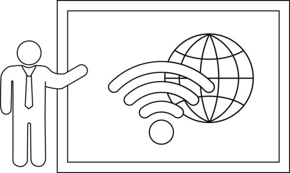 A person gestures towards a board showing a globe intersected by WiFi symbol vector
