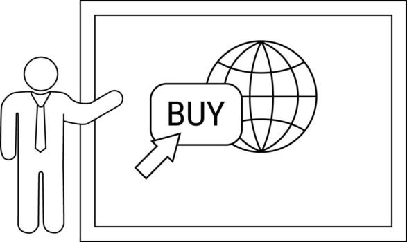 A presenter points to a screen showing BUY an arrow and a globe vector