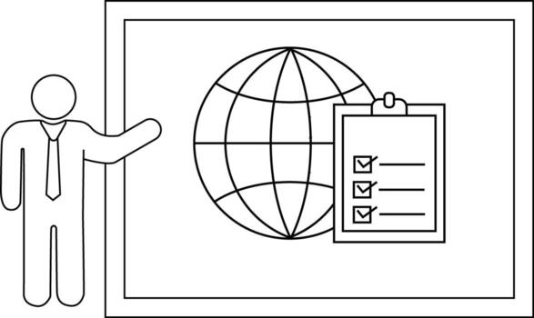 A presenter stands by a whiteboard featuring a globe and a checked checklist on a clipboard vector