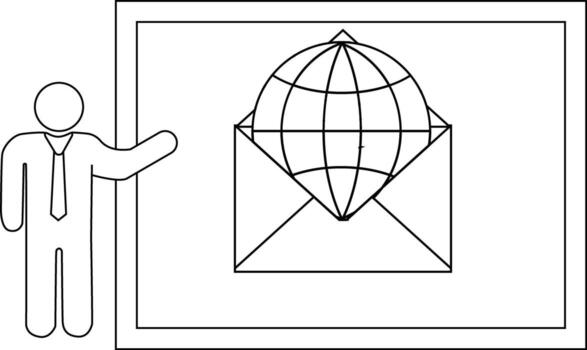 A whiteboard shows a globe inside an envelope presented by a figure vector