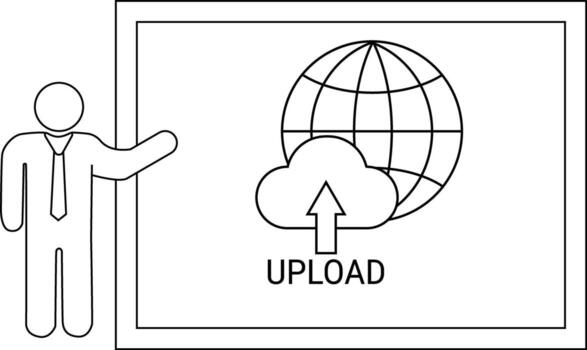 Line art shows a presenter next to a graphic of a globe cloud upload icon and UPLOAD text within a frame vector