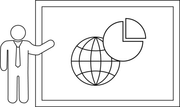 persona gestos hacia globo y tarta gráfico proyectado en un presentación tablero vector