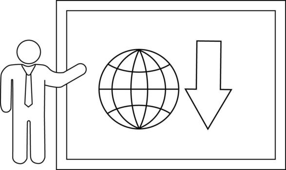 Presenter pointing to board w globe down arrow vector