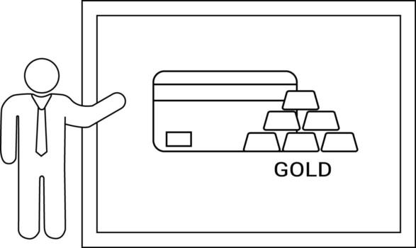 A presentation featuring a stick figure pointing to a screen displaying a credit card and gold bars vector