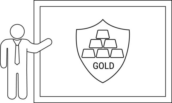 Outline drawing showing a person gesturing towards a framed shield with GOLD text and gold bars inside vector