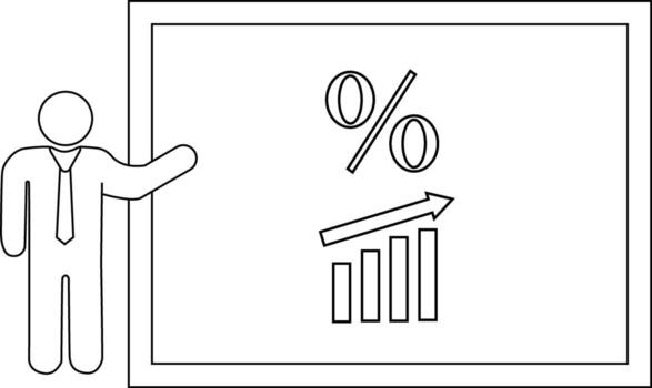 A figure gestures to a board showing a percentage symbol and a rising bar graph vector