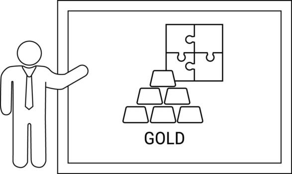 Stick figure pointing to a presentation of gold bars and jigsaw puzzle with the word GOLD below vector