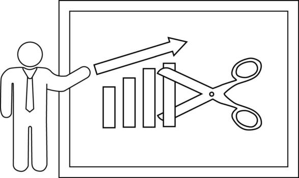 A figure points to a chart showing growth cut by scissors vector