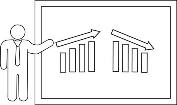 A figure presents a whiteboard with increasing and decreasing bar graphs with upward and downward arrows vector