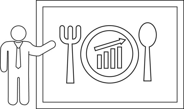 A line drawing depicts a person beside a fork spoon plate with a bar graph upward arrow in a frame vector