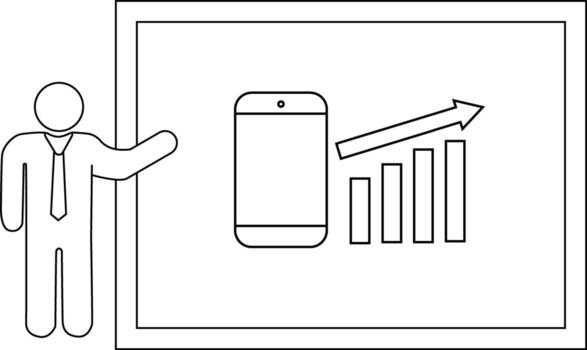A presentation showing a smartphone and a graph of upward sales in front of a speaker with an open hand vector