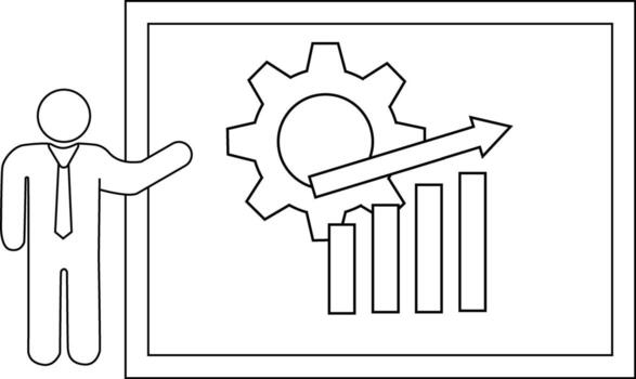 A presenter points to a diagram on a board with a gear graph and an arrow indicating growth vector