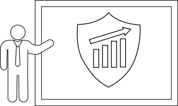 Presentation board showing a rising graph in a shield frame a man pointing vector
