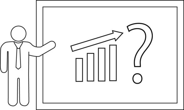 Presenter gesturing to a chart depicting rising bars an upward arrow and a question mark vector