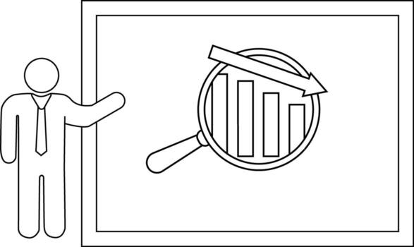 A figure gestures toward a declining bar graph seen through a magnifying glass on a screen vector