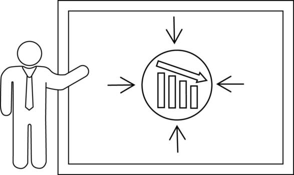 A person presents a chart showing a downward trend with arrows pointing towards the graphic vector