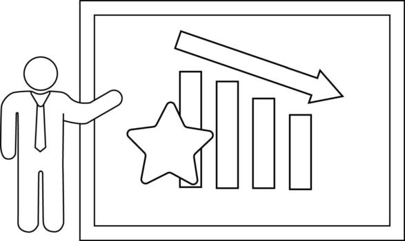 A person presents a chart with falling bars an arrow and a star within a frame vector