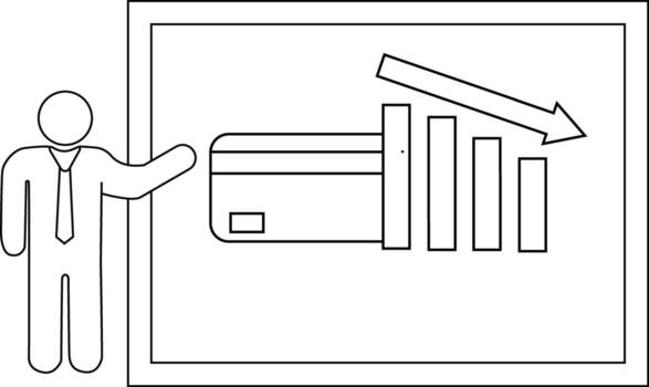 Line drawing shows a presenter standing next to a chart depicting declining credit card use vector