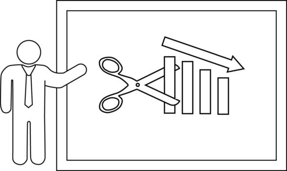 hombre puntos a pizarron demostración tijeras corte un que cae bar grafico vector