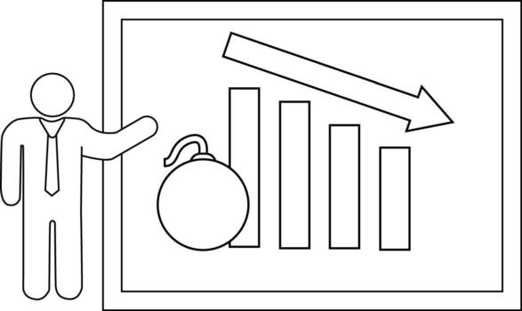 Stickfigure presenter gesturing to a declining bar graph a bomb beside it vector