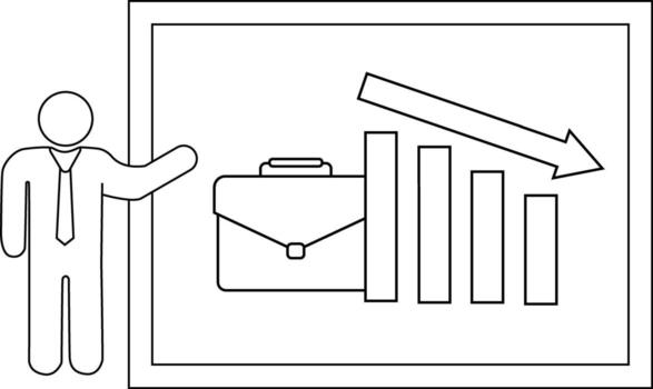 A business presentation with a graph briefcase presenter and downward arrow is displayed vector