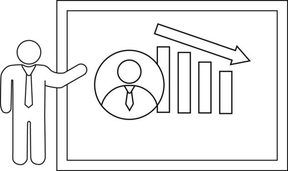 A figure gesturing towards a graph showing declining figures a downturn vector