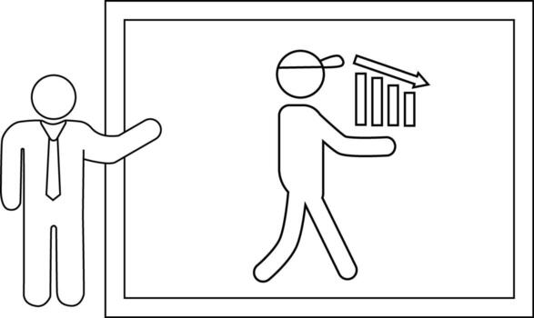 A framed presentation shows a man in a baseball cap with a downward trending bar graph Another figure gestures vector