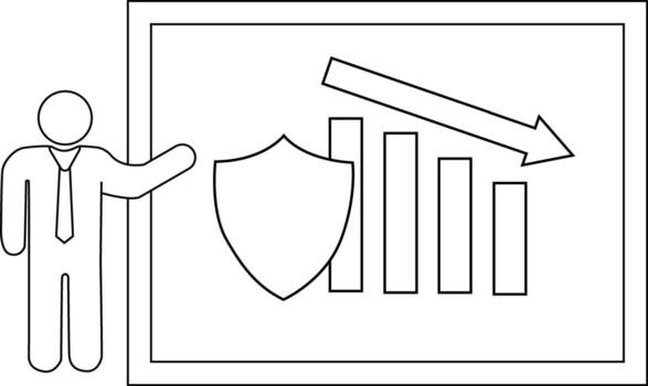 A person presenting declining bar chart with a shield and a downward arrow vector