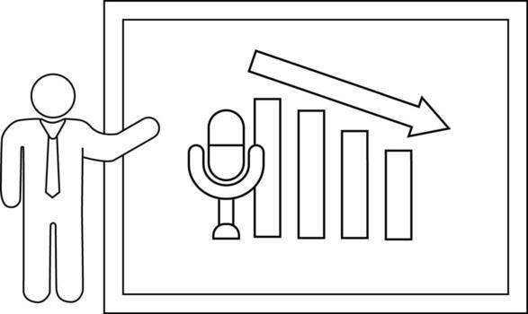 A person pointing at a board with a descending bar graph and a microphone vector