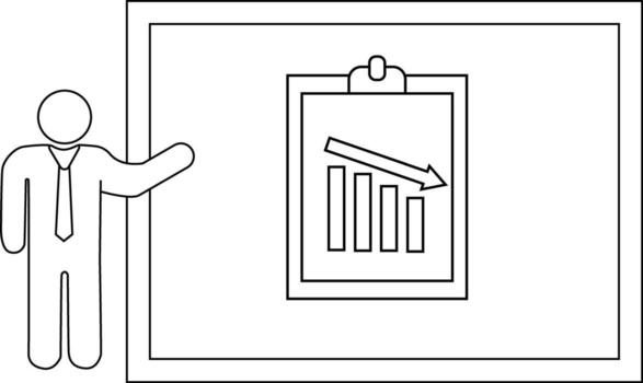 A stick figure presents a graph with a declining trend on a whiteboard vector