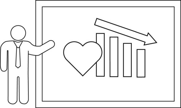 A presenter points to a board showing a heart and a declining bar graph with a downward arrow vector