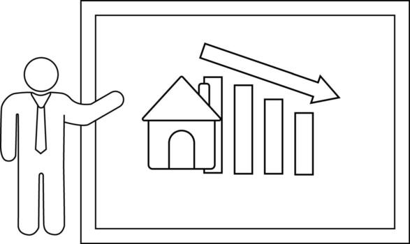 Figure presenting chart with downward arrow house and bar graph on a screen vector