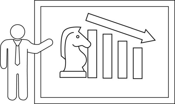 Man points to a board with a chess horse descending graph and arrow vector